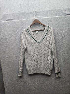 Market & Spruce Gray Cable Knit V-Neck Sweater XL With Green Trim
